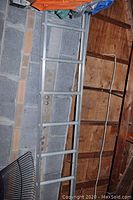 Aluminum extension ladder leaning against a concrete and wood wall.