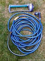 Blue garden hose coiled on grass with attached spray nozzle and oscillating sprinkler next to it.