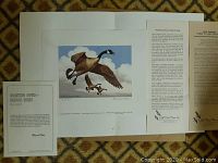 Overall view of the limited edition print titled 'Coasting Down, Canada Geese' with its accompanying folded folder containing artist notes and instructions, laid out on a carpeted floor.