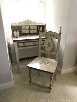Front view of the hand-painted secretary desk with removable organizer and matching chair showing floral painted details.