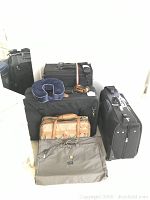 Photo showing the full assortment of luggage including soft rolling suitcases, garment bag, carry-on, travel neck pillow, and straps.
