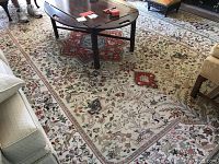 Overall view of rug under living room furniture showing background and pattern