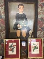 Full view of large folk art portrait with two botanical prints below