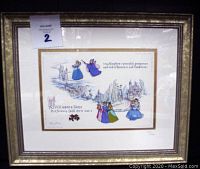 Framed Cinderella 50th Anniversary pin set showing entire artwork and pins mounted in scenic illustration.