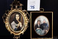 Photo showing both framed pieces side by side: the ornate red velvet oval frame with tintype photo on the left and the vintage framed wall art on the right.