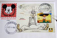 Close-up of Goofy Clock Cleaners stamp and first day cover envelope with official December 15, 1992, first day of issue postmarks from St. Vincent.