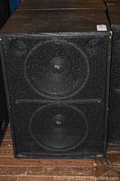 Front view of one speaker cabinet showing dual drivers behind metal grille