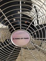 Close-up of the fan blades and protective metal cage with King of Fans branding in the center.