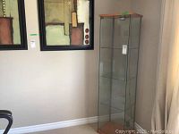 Image of the tall, narrow wood and glass cabinet standing empty beside a wall with artwork.