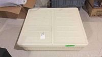 Closed plastic storage bin with lid, measuring 30"x28"x7"