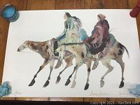 Full view of lithograph print depicting two riders on horseback in watercolor style, showing signatures and print details.