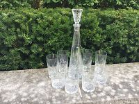 Photo showing the full set of one decanter with stopper and eight glasses (four highball and four lowball) placed on a stone surface outdoors with shrubbery background.