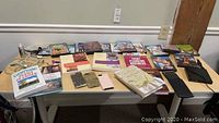 Overview of books, DVDs, iPhone covers, and HP financial calculator on table