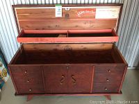 Open view of vintage Lane cedar chest showing interior compartments and trays.