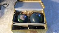 Original box with two blue cloisonne jars, each with lids and separate stands