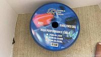 Top view of spool label showing brand Power Pro Audio, 200ft length, 8 gauge power cable, model POW-08-200BL.