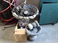 Top and bottom fountain bowls and pedestal in concrete finish with submersible pump and box of accessories