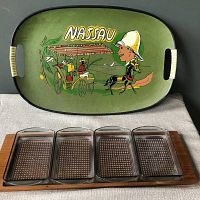 Nassau vintage serving tray with painted horse and carriage design, showing top with handles and artwork, some damage bottom right corner