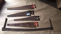 Five saws lying on a flat surface: four handsaws differing in size and handle style and one long two-person tree saw with wooden handles on each end.
