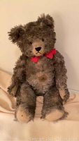 Full front view of the antique mohair teddy bear sitting with visible jointed limbs and head. Brown fur with light beige snout and paw pads, red bow at neck.