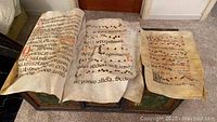 Photo showing three large vellum sheets with Latin liturgical music notation laid on the floor and furniture, displaying black square notes and gothic Latin script with red ink highlights.