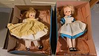 Two dolls displayed side by side in original cardboard boxes with tissue paper