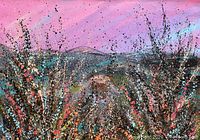 Close-up detail showing textured splatter technique, brushwork and color palette