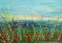 Frontal view of the painting showing meadow, water, and sky.