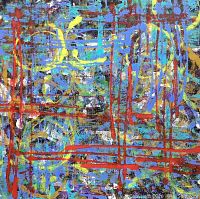 Close-up of canvas surface showing layered paint and texture