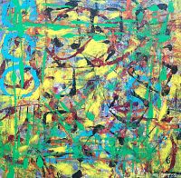 Close-up detail view showing dripped paint overlay, layered brushstrokes and textured acrylic surface