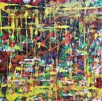 Close-up photo showing colorful abstract layers of paint with drips and splatters in yellows, reds, greens, and purples.
