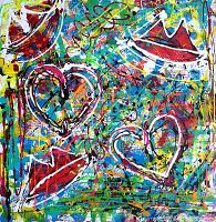 Front view of entire abstract painting showing heart motifs and multicolor splatters