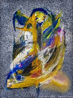 Close-up photo of the oil painting showing the abstract colorful shape on speckled gray background. Visible signature with copyright watermark.