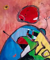 Close-up of the colorful abstract surrealist painting signed by the artist, showing fine details and brushwork.