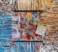 Close-up of abstract painting with central multicolor square and drip patterns