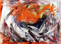 Front view of abstract oil painting on canvas showing vivid brushwork and signature