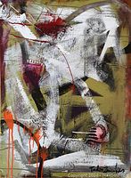 Front view of the abstract expressionism painting showing detailed texture and signature of artist.