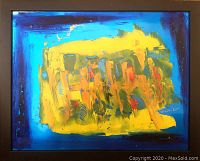 Frontal view of the framed abstract oil painting with dominant yellow and blue colors, signed by the artist.