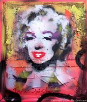 Frontal close-up of pop art portrait “Kingdom #3” showing mixed media texture and artist signature at bottom