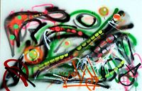 Close-up of abstract graffiti composition showing vibrant colors, organic shapes and spray paint textures