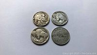 Four five cent coins displayed on white background, including Buffalo nickels and one silver coin