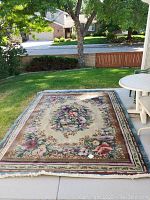 Full view of the large area rug outdoors showing the full pattern and size.