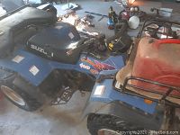 Side view showing blue body panels, front rack with red gas can.