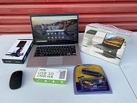 All items arranged: laptop powered on, wireless mouse, XP-Pen tablet box, Plugable hub box, Bestand stand box, RCA cable packaging