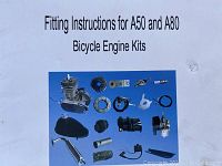Fitting instruction sheet showing components of the A50 and A80 bicycle engine kits, including engine, sprocket, chain, cables, carburetor, and mounting hardware.