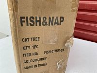 Box showing branding and item details: Fish & Nap Cat Tree, 1 piece, grey color, made in China, item number FISH-01HUI-CA.