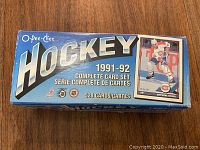 Box showing O-Pee-Chee 1991-92 hockey card set with 528 cards indicated.