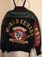 Back of jacket showing large embroidered 'World Series Champions' logo with Blue Jays emblem and crossed bats