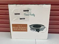 Box front showing product image and branding info Food Party 2 in 1 Electric Smokeless Grill and Hotpot