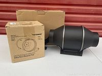 The Vivosun 6 inch 240 CFM inline duct booster fan box with the fan next to it, black plastic housing and airflow specs visible on box.
